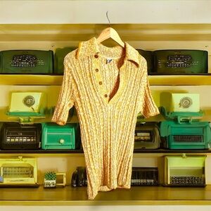 Authentic Vintage 50s 60s Mod Tiki Men's Gold yellow knit Polo Deep V Shirt